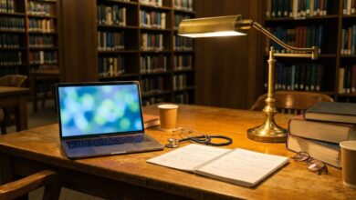 Medical student's library desk at night with a laptop, stethoscope and handwritten notes